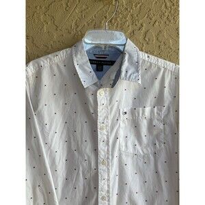 Tommy Hilfiger White Logo Polka Dot Woman Classic Large Dress Shirt 100% Cotton